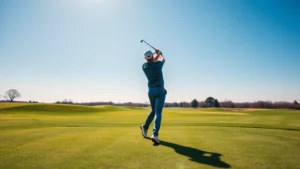 Professional golfer mid-swing on a well-maintained fairway with manicured grass, blue sky, natural lighting, realistic golf course landscape