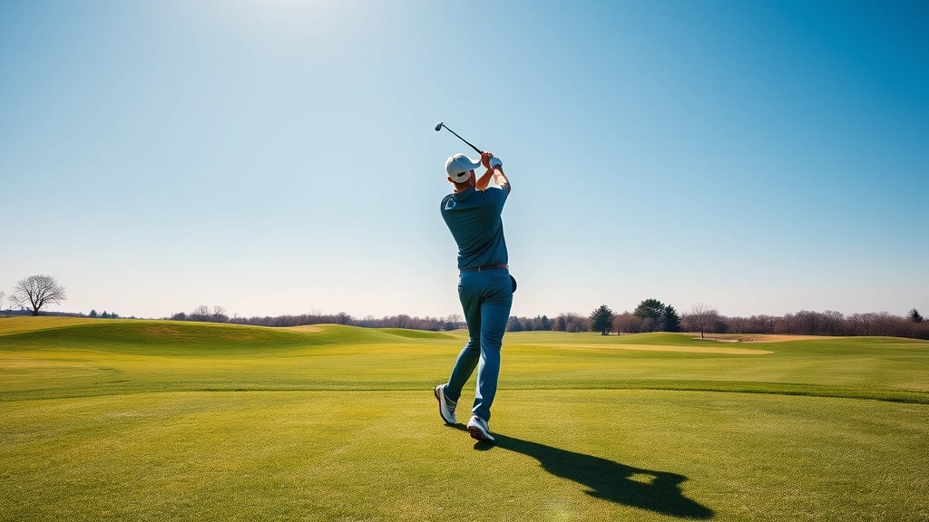 Professional golfer mid-swing on a well-maintained fairway with manicured grass, blue sky, natural lighting, realistic golf course landscape