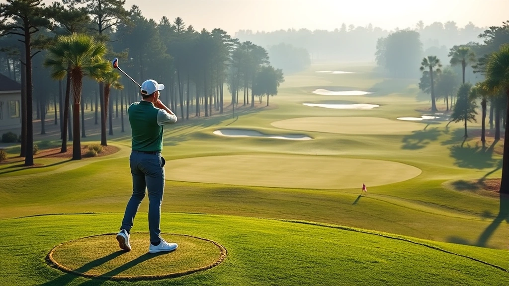 Golfer standing on elevated tee box looking down fairway with strategic bunkers and water hazards visible, morning light, serene golf course setting