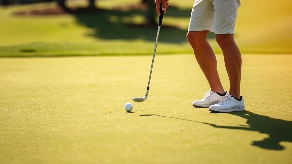 Golfer celebrating successful putt on pristine green with pin visible, natural outdoor lighting, quality golf course maintenance visible, genuine emotion