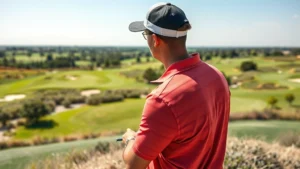 Professional golfer analyzing golf course layout from elevated viewpoint, studying fairway positioning and hazard placement, bright daylight, focused concentration