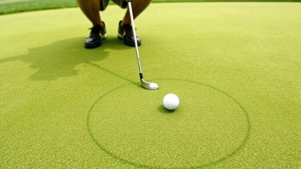 Golfer reading green slope patterns on putting surface, crouching behind ball to examine break direction, detailed green contours visible, concentration and analysis