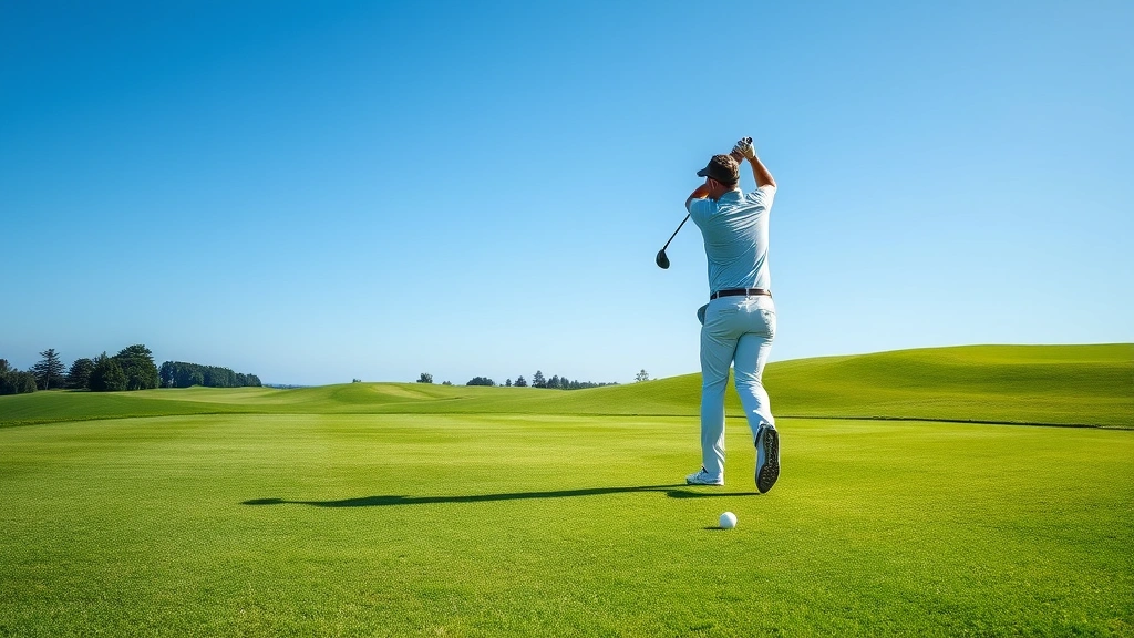 Professional golfer mid-swing on a manicured fairway with lush green grass, blue sky background, natural daylight, peaceful golf course landscape, no people in background