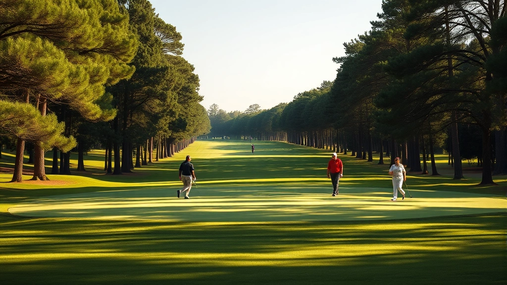 Golfers walking across a scenic golf course green with trees framing the hole, well-maintained grass, natural lighting, peaceful outdoor recreation environment, multiple players enjoying the course