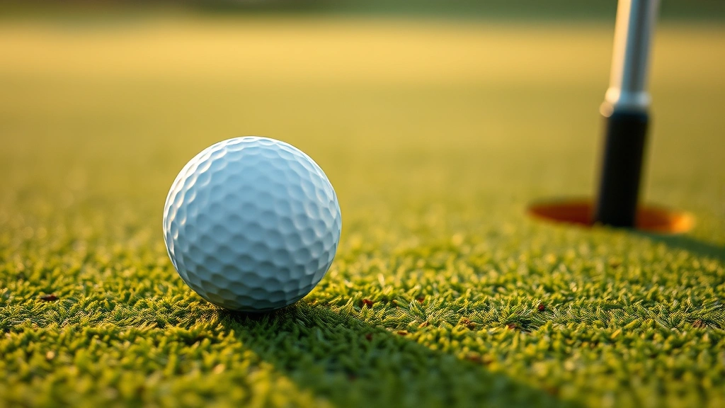 Close-up of golf ball on perfectly maintained putting green with subtle contours visible, early morning or late afternoon light, pristine course conditions, blurred fairway background