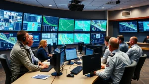 Professional emergency management team collaborating in modern operations center with multiple monitors displaying real-time data, diverse staff working together during simulated disaster response training
