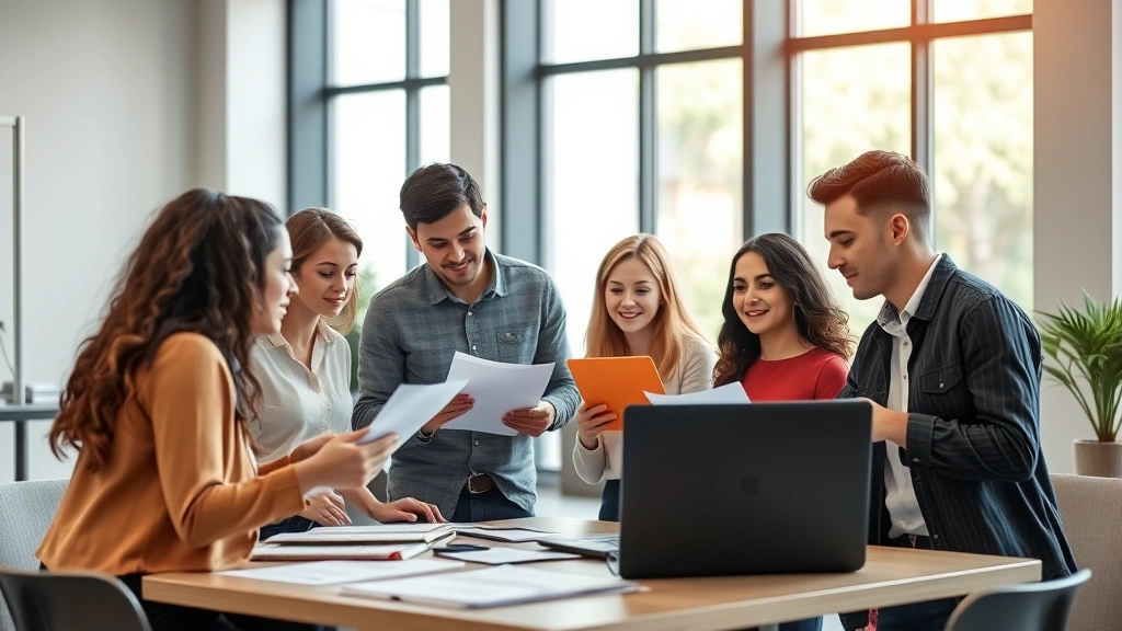Professional young adults in modern office environment collaborating on project with laptops and documents, natural lighting, diverse team engaged in discussion