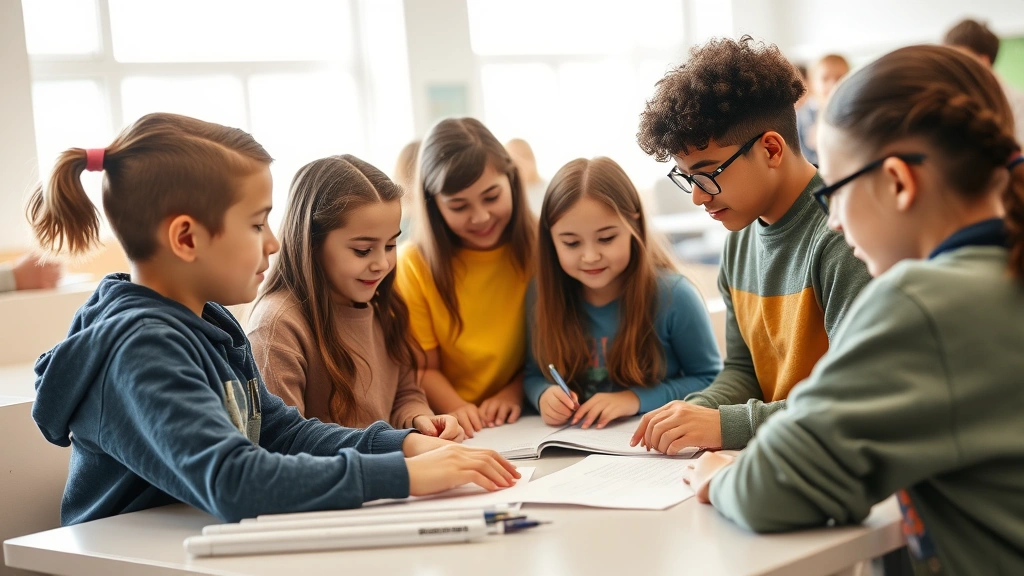 Students working together in bright classroom or learning space, actively engaged with materials and discussion, natural expressions of concentration and learning