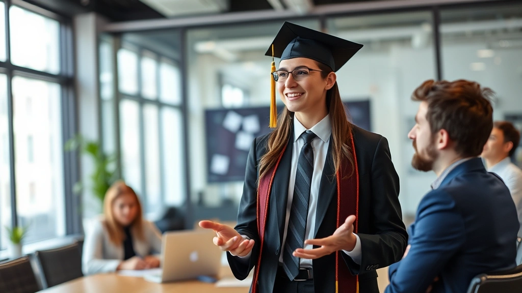 Graduate professional in business attire presenting or speaking confidently in workplace meeting room, colleagues listening attentively, modern office setting with natural light