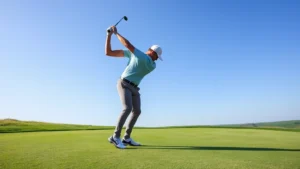 Professional golfer mid-swing on manicured fairway with clear sky, focusing on proper form and technique during actual golf play