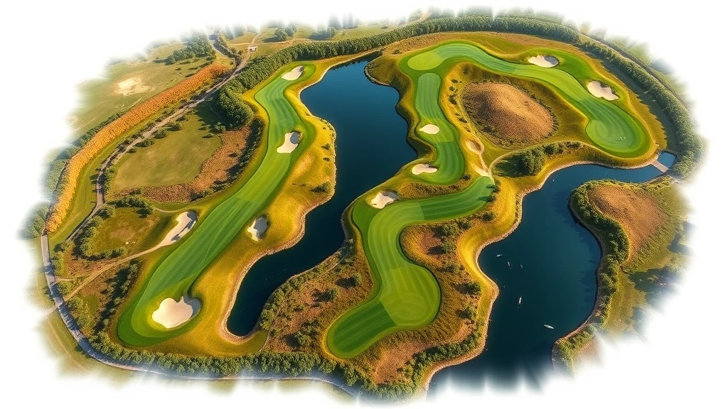 Aerial view of golf course showing varied terrain, bunkers, water hazards, and green complexes illustrating strategic course design