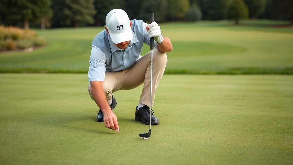 Golfer in proper attire repairing pitch mark on green with divot tool, focused expression, manicured golf course backdrop with fairway visible