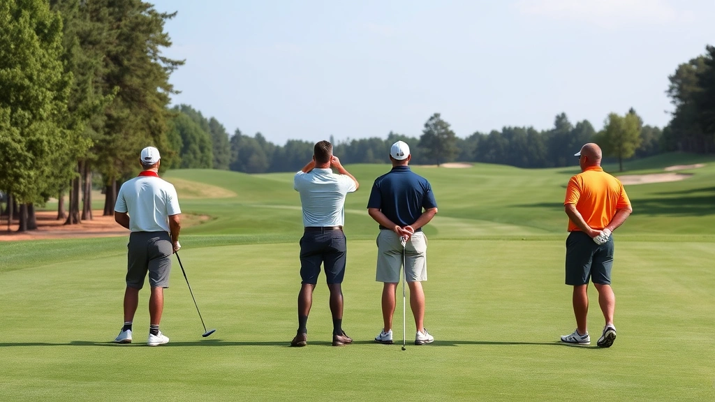 Group of four golfers standing respectfully silent on fairway, one player mid-swing, others in proper stance positions, trees and bunkers in background