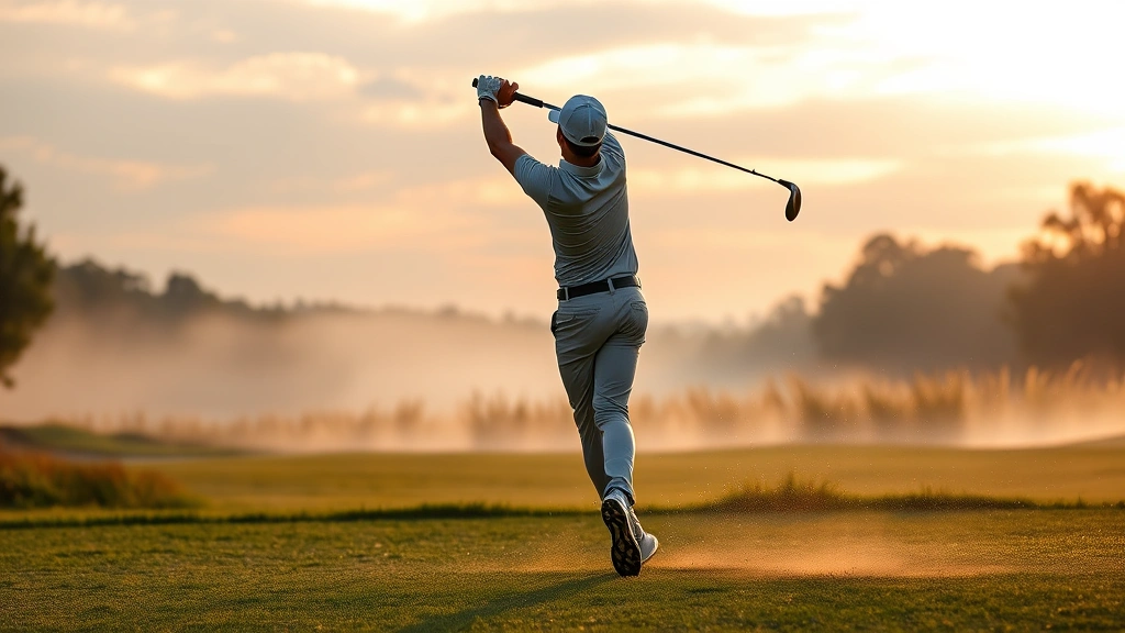 Professional golfer mid-swing at dawn, showing dynamic body rotation and club acceleration through ideal fairway with morning mist, demonstrating kinetic energy transfer and rotational mechanics in golf