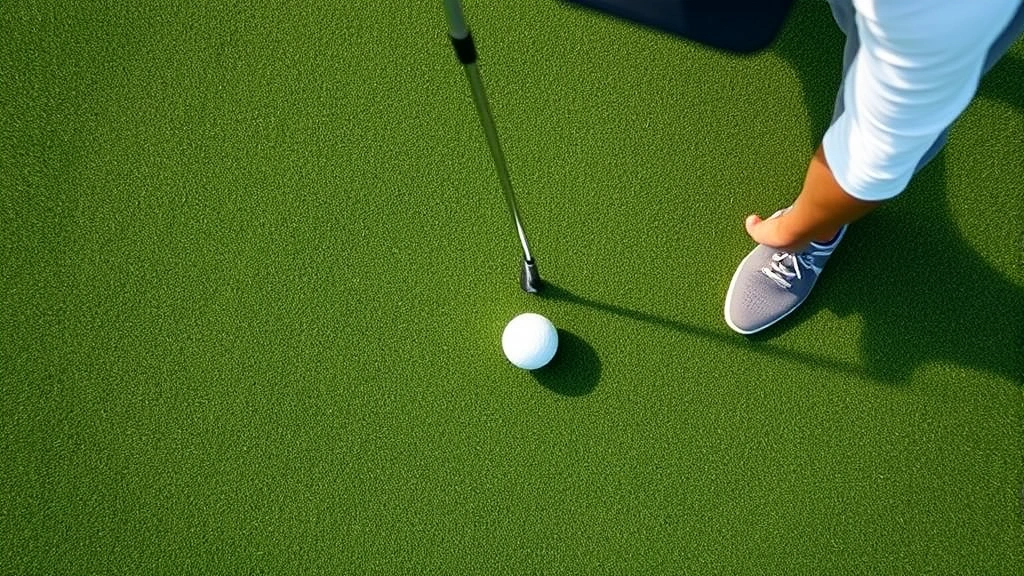 Overhead view of golfer on putting green analyzing slope and reading grass texture, with ball positioned near hole, illustrating friction principles and green reading physics in real course conditions