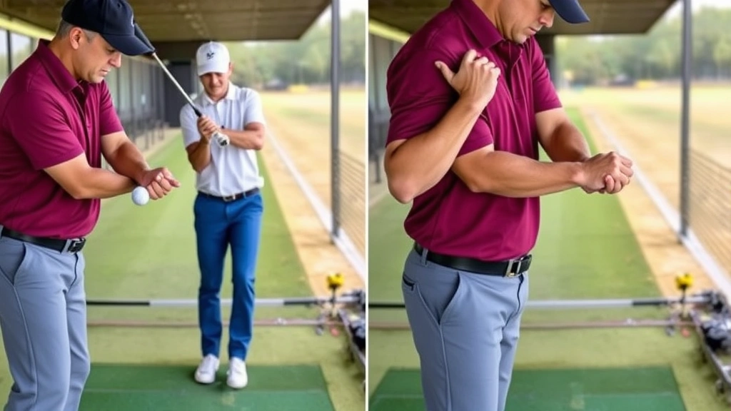 Golfer demonstrating proper grip and stance position on driving range, showing hand placement and body alignment from multiple angles, professional instruction setting