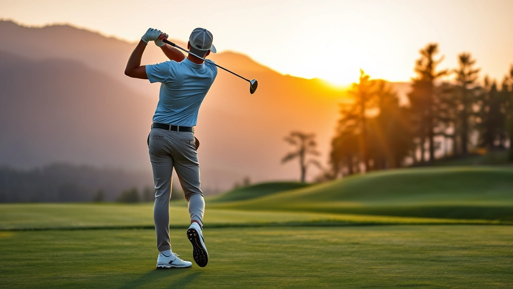 Golfer mid-swing at scenic mountain golf course during golden hour, focusing on proper form and technique, lush fairway with trees in background