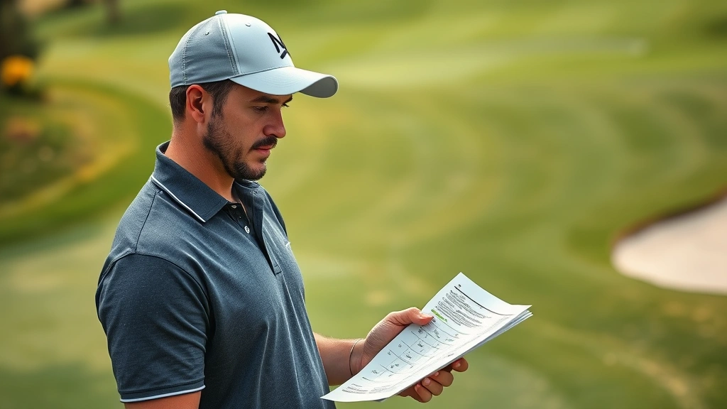 Professional golfer analyzing golf course layout with scorecard, studying elevation changes and hazards on challenging hole, concentrated expression