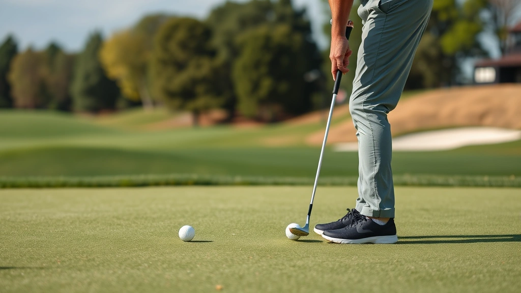 Golfer practicing putting on practice green at course, demonstrating stroke mechanics and concentration during putting routine with multiple balls