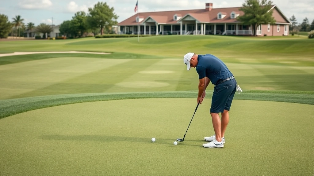 Golfer practicing short game on practice green near clubhouse, working on approach shots and chip technique, manicured practice facility