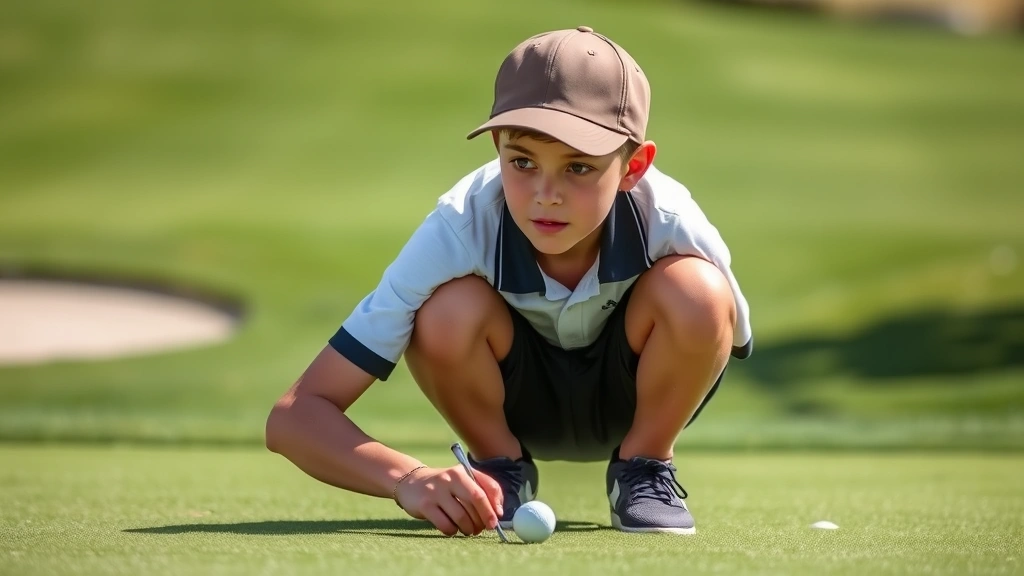Young student in golf attire concentrating on putting green, showing focus and determination in outdoor natural lighting with manicured course grass