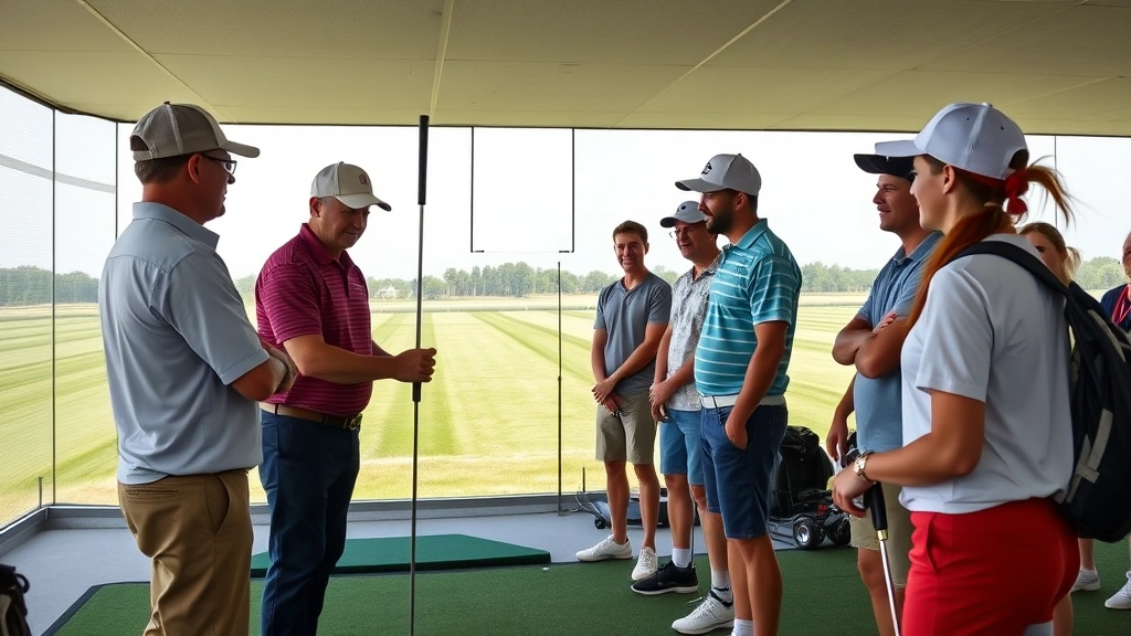 Instructor demonstrating golf grip and stance to diverse group of students at driving range, all smiling and engaged in active learning