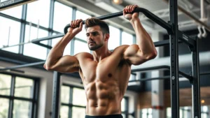 Athletic person performing a dynamic pull-up movement on a professional training rig in a modern gymnasium, muscles engaged, focused expression, natural lighting from large windows
