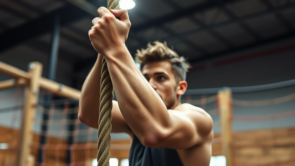 Athlete gripping a thick rope during an intense rope climb training session, forearms tensed, climbing upward with determination, professional obstacle course facility background