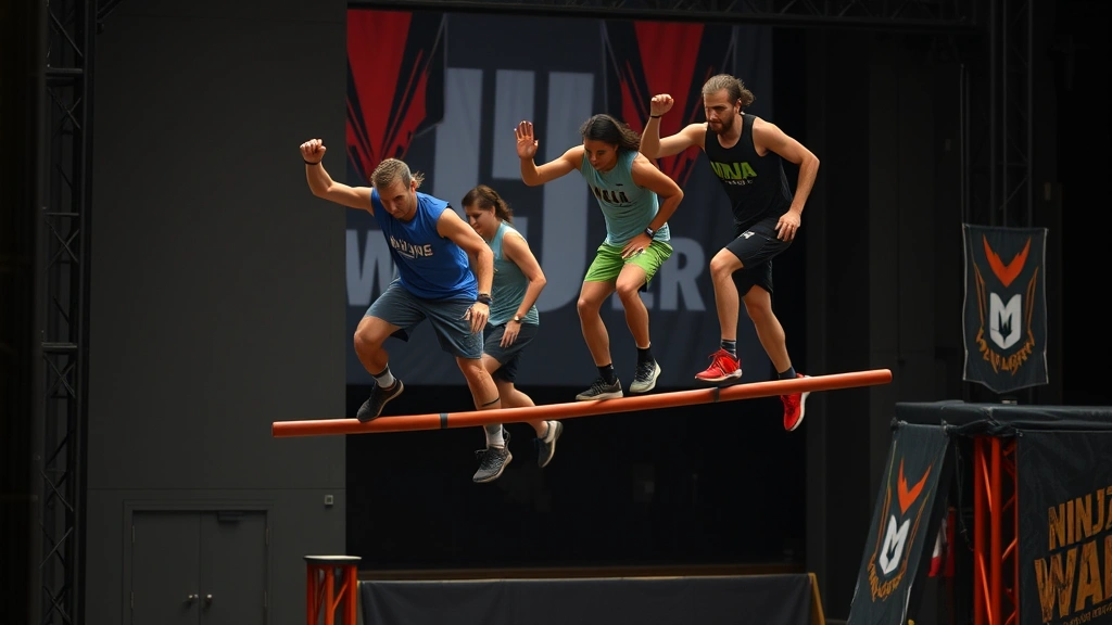 Diverse group of ninja warrior athletes completing balance beam obstacle, showing focus and proprioceptive control on narrow unstable surface