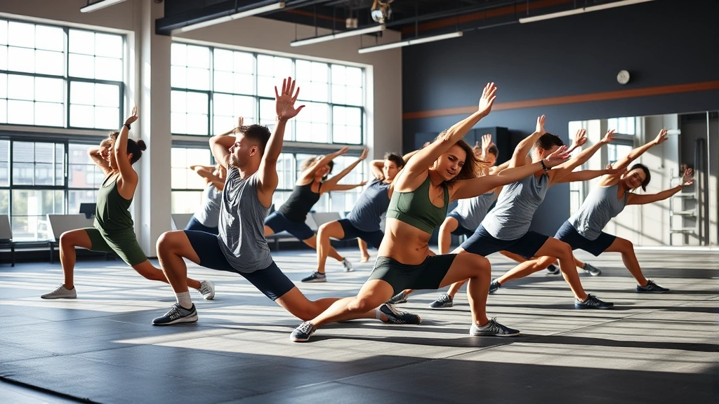 Diverse group of athletes stretching and performing dynamic mobility exercises on a training mat, warm-up preparation before intense workout, bright fitness facility environment