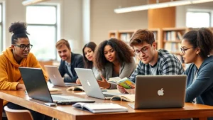 A diverse group of college students studying together at a library table with laptops and textbooks, natural lighting from windows, focused expressions