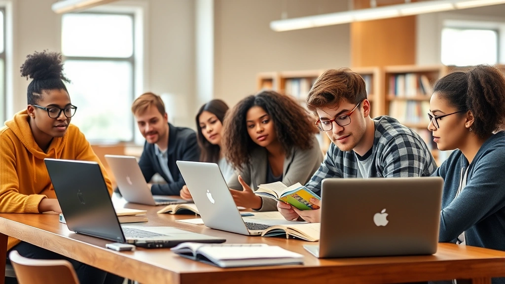 A diverse group of college students studying together at a library table with laptops and textbooks, natural lighting from windows, focused expressions