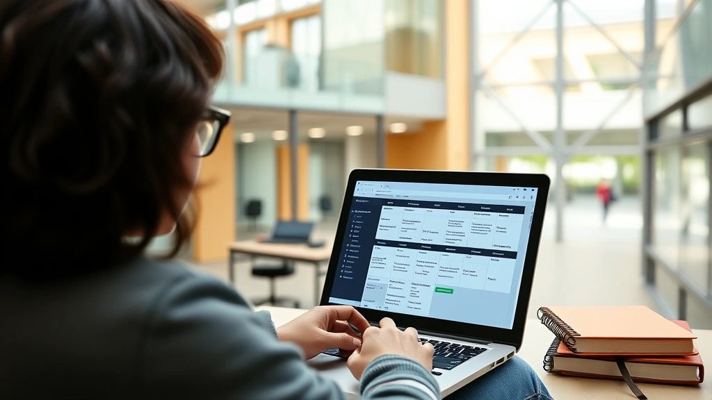 A student reviewing a detailed academic schedule on a laptop screen in a modern university building, surrounded by course materials and a planner notebook