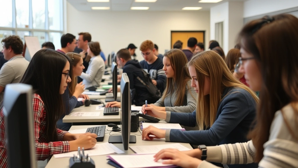 Multiple students in a busy university registration office or computer lab, some at desks registering for courses, collaborative academic environment