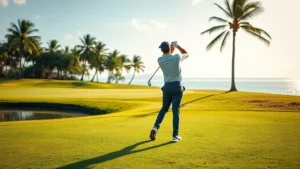 Professional golfer mid-swing on lush fairway with water hazard visible, tropical palm trees in soft focus background, bright Florida sunlight, realistic golf action photography