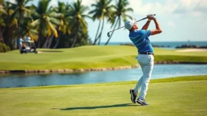 Professional golfer executing perfect swing form on lush fairway with water hazard in background, clear tropical sky, demonstrating proper posture and technique
