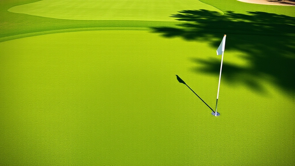 Pristine putting green with subtle breaks and shadows, manicured fairway leading to green, golf flag in cup, natural lighting showing grass texture and maintenance quality