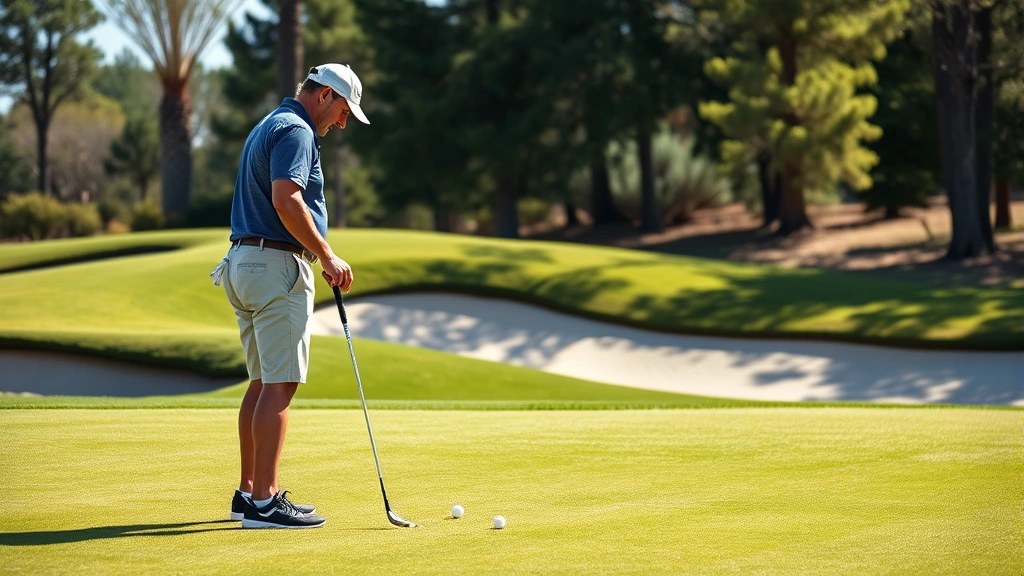 Golf instructor observing student's short game practice near green with bunker, both players on manicured grass, natural daylight showing feedback moment