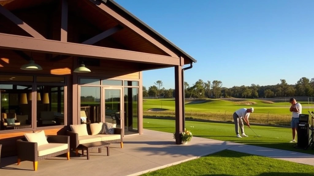 Modern golf clubhouse exterior with comfortable seating area, practice range with golfers hitting balls in background, clear blue sky, welcoming professional golf facility atmosphere