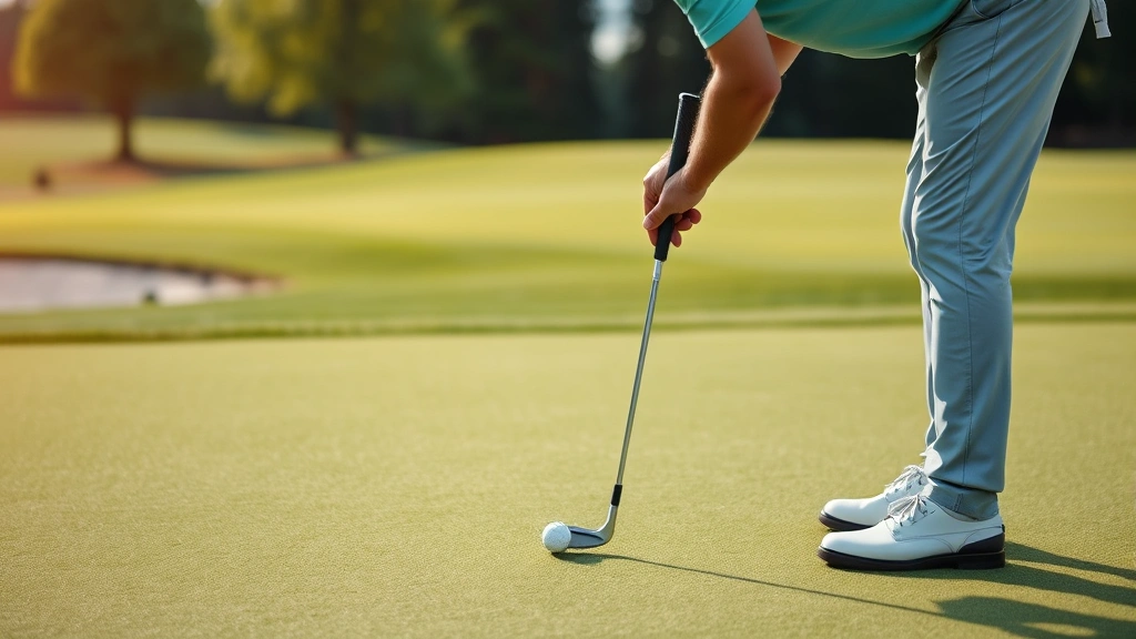 Golfer studying green and reading putt with focused concentration, analyzing break and speed, standing on well-maintained putting surface with strategic hazards visible