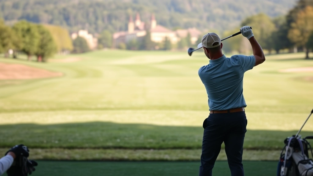 Professional golfer in mid-swing on practice range with lush fairway backdrop, demonstrating proper form and technique with natural outdoor lighting