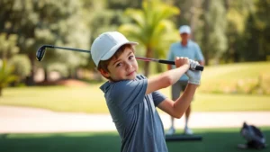 Young student mid-golf swing at driving range, focused concentration on ball, natural outdoor lighting, professional golf instructor observing in background, learning environment