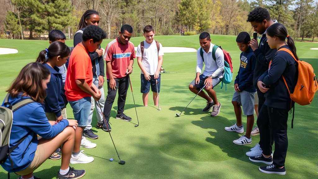Group of diverse students on putting green, collaborative learning moment, some analyzing slope together, others waiting supportively, outdoor course setting, positive engagement