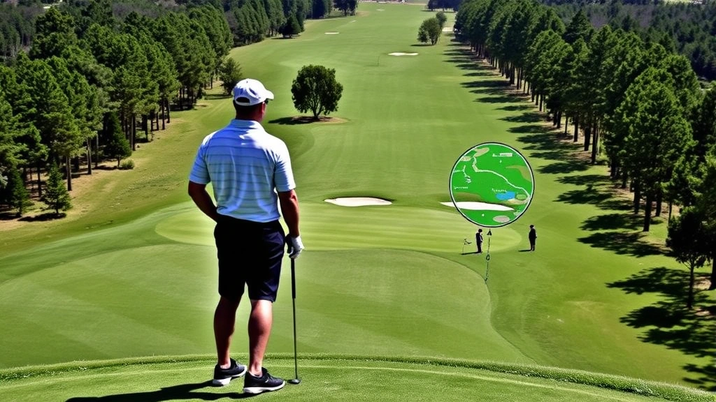 Golfer standing on tee box overlooking scenic course layout with fairway, bunkers, and trees visible, demonstrating strategic hole positioning and course design