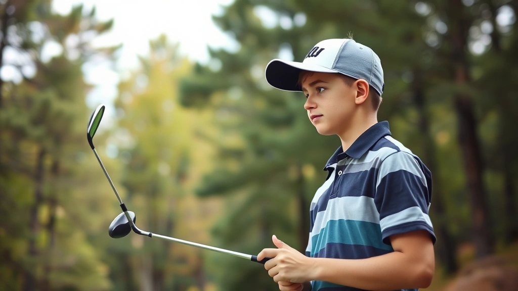 Teenage golfer reviewing shot result, analyzing performance thoughtfully, holding golf club, natural terrain with trees, moment of reflection and problem-solving, growth mindset visible