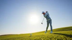 Professional golfer executing a smooth swing on a manicured fairway with morning sunlight, focused concentration on face, lush green grass and blue sky background