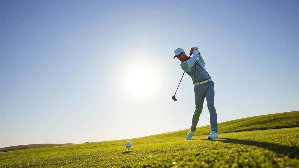 Professional golfer executing a smooth swing on a manicured fairway with morning sunlight, focused concentration on face, lush green grass and blue sky background