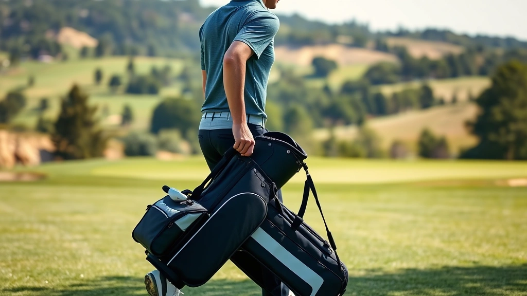 Golfer walking fairway carrying golf bag, scenic golf course landscape with trees and rolling terrain in background, natural daylight showing physical conditioning and course navigation