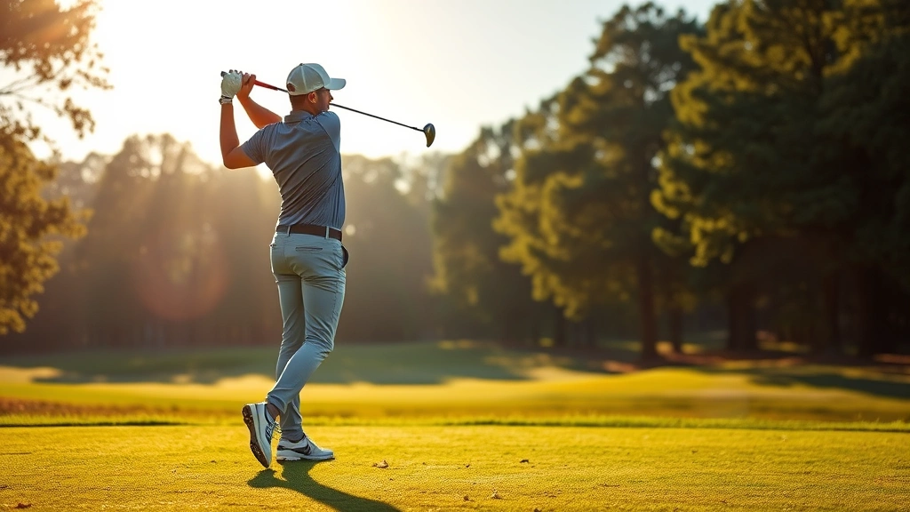 Professional golfer executing perfect swing on lush fairway with trees in background, morning sunlight highlighting form and technique, natural course setting