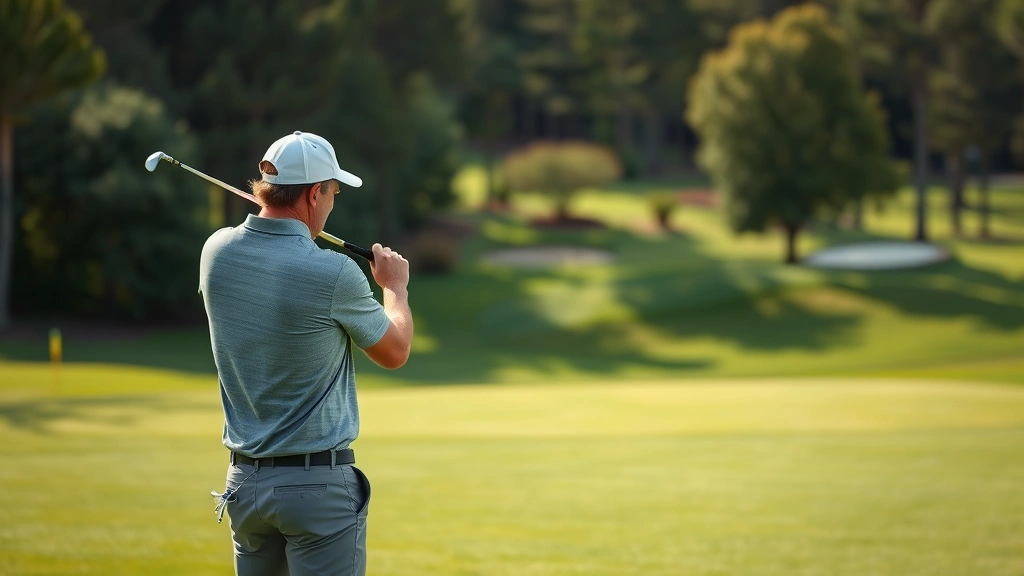 Golfer analyzing course layout and green from fairway, studying terrain and distance markers, focused expression planning shot strategy